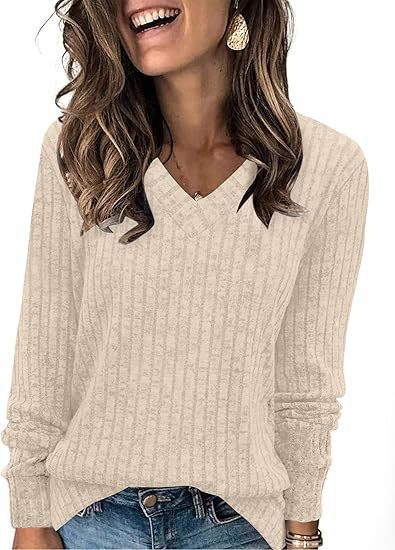 Women's Long-Sleeved V-Neck Ribbed Brushed Knit Top/T-Shirt 483