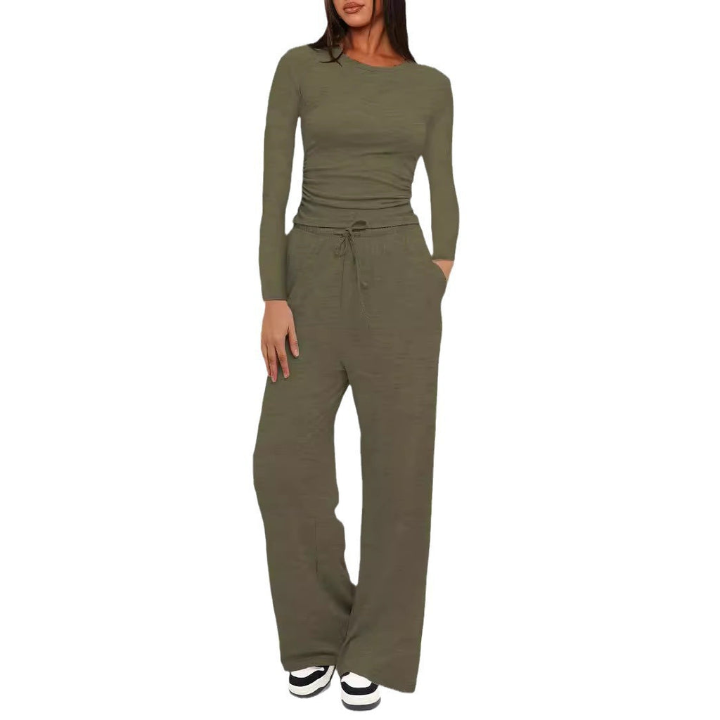 Solid color casual long-sleeved suit top and high-waisted wide-leg pants sportswear 451