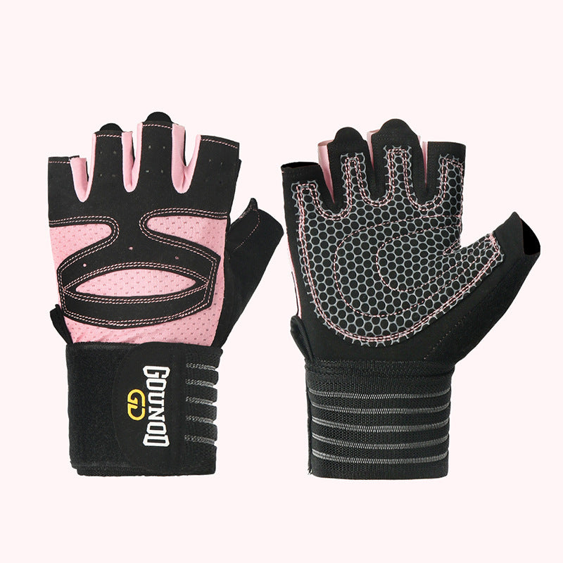 Fitness gloves with extended, breathable, and wear-resistant half finger grip 403