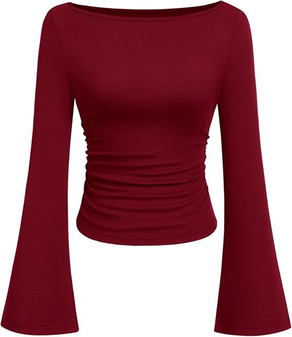 Solid color boat neck bell sleeve T-shirt for women 452