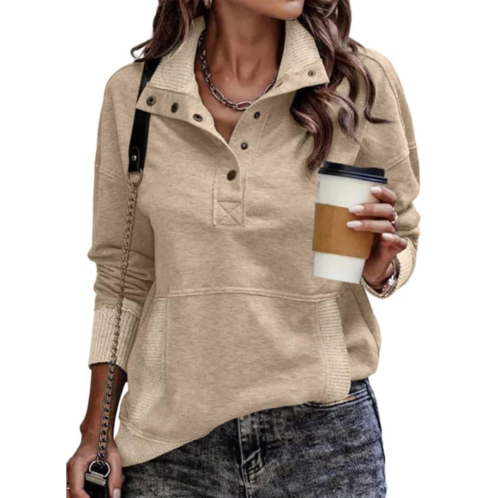 Autumn/Winter Solid Color Pocket Design Long Sleeve Button Fashion Street Style Women's Sweatshirt 477