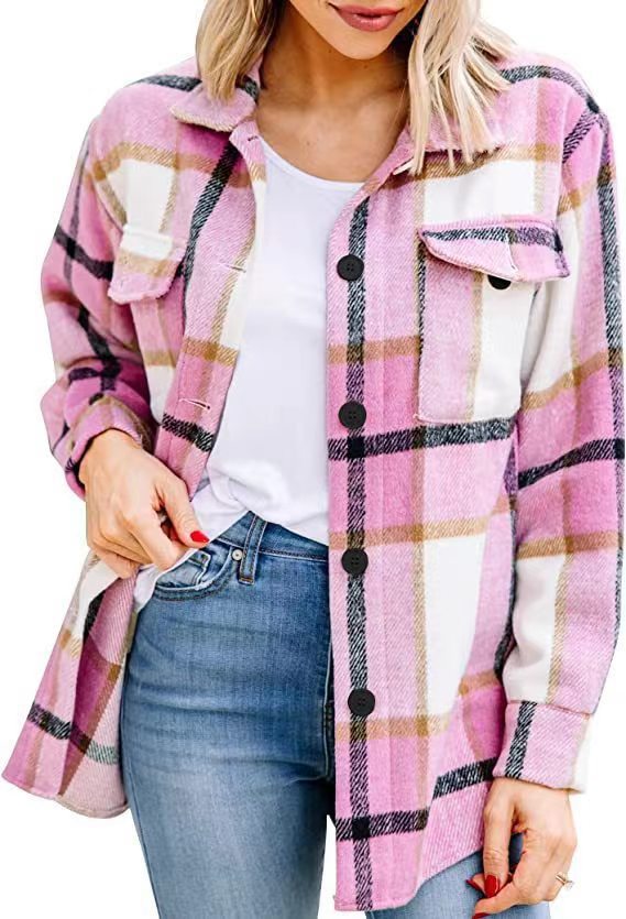 Autumn/Winter European and American Women's Clothing Large Pocket Shirt Casual Plaid Top Loose Long Sleeve INS Shirt 464