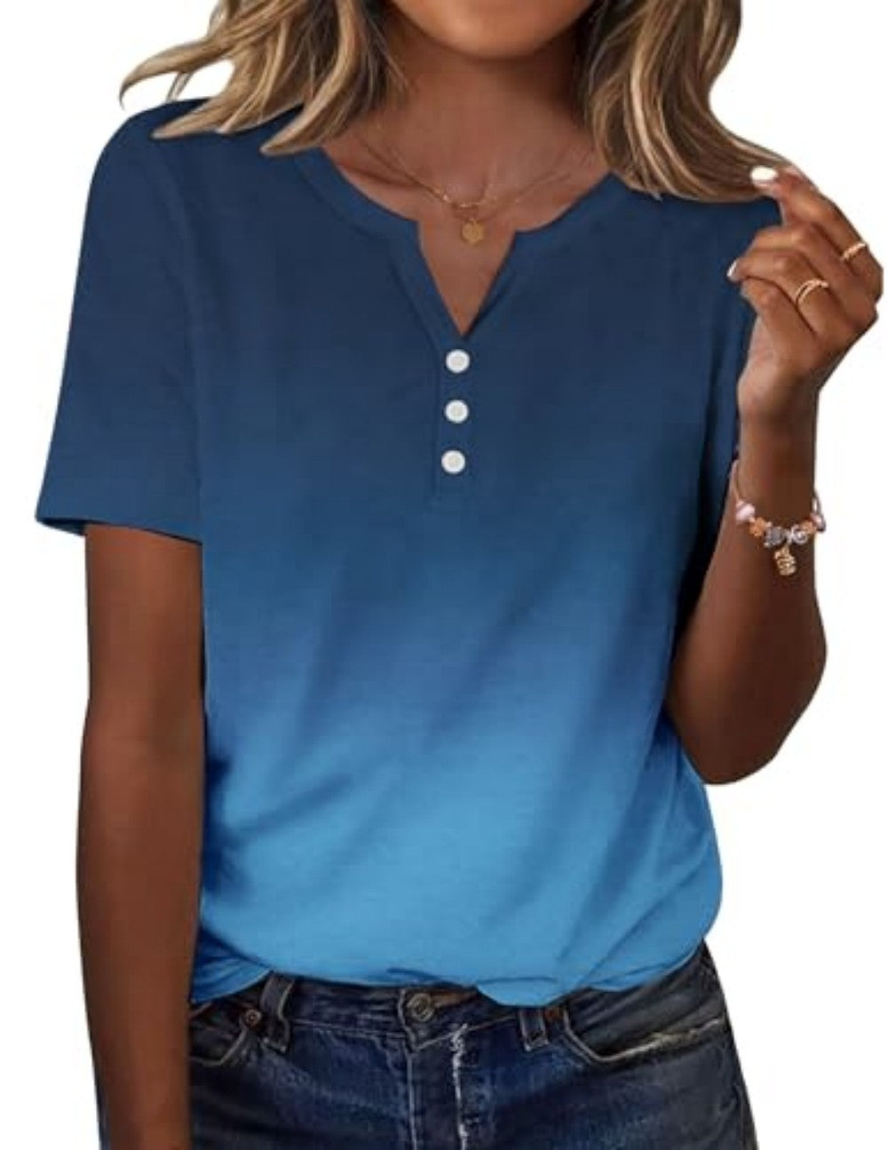 New fashionable, trendy, casual, versatile, high-quality short-sleeved button V-neck T-shirt 481