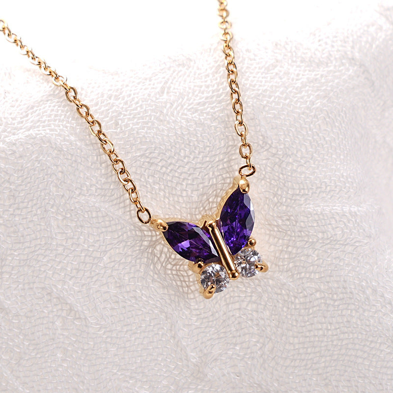 Butterfly shaped 18k gold vacuum electroplated colored zircon women's zircon necklace 262