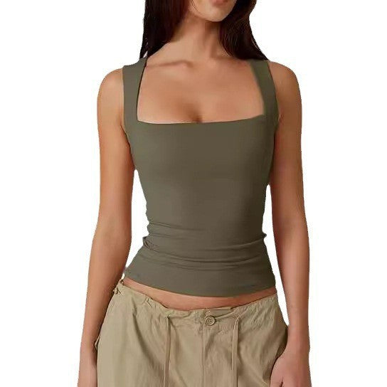 Women's Slim Fit Solid Color Vest Top with Square Neck 469