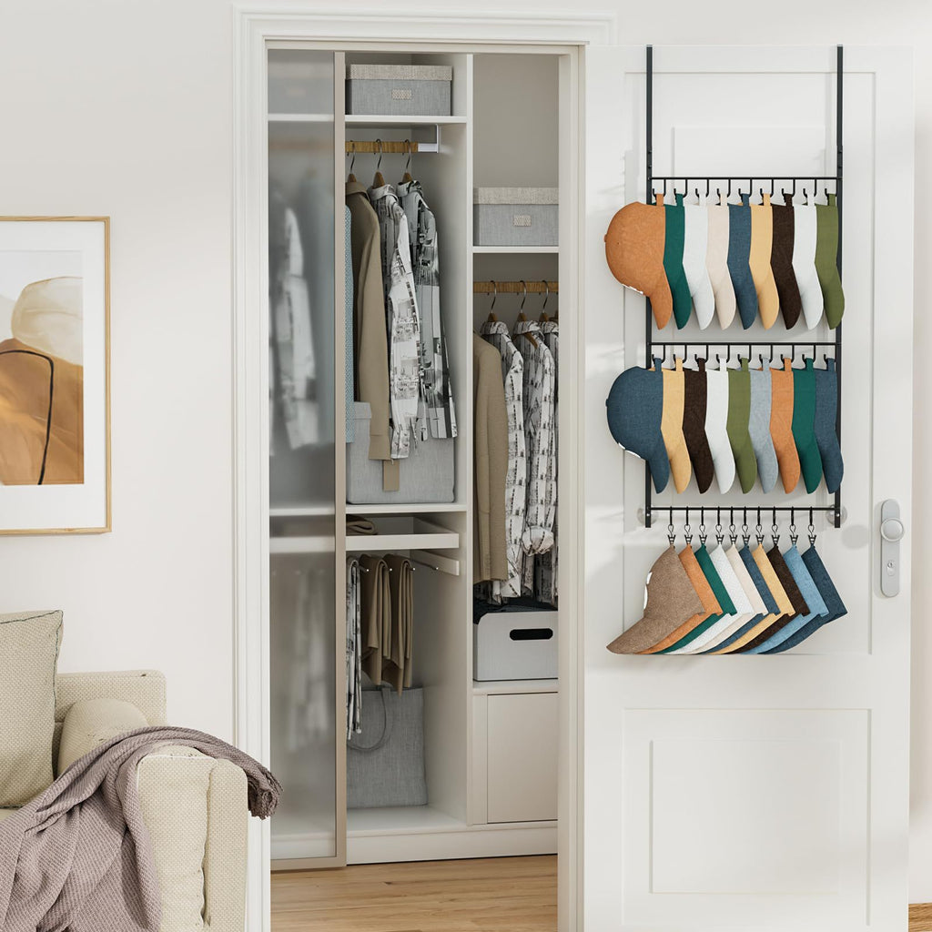 Behind-the-door tie and hat rack, wall-mounted hat rack, baseball cap storage rack, three-tier with clips 605
