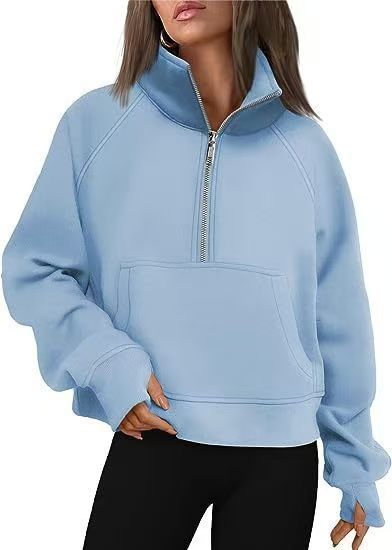 Women's Autumn/Winter Fleece Loose-fitting Jacket with Raglan Sleeves and Stand Collar Half-Zip Sweatshirt 453