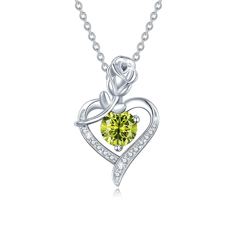 925 sterling silver heart-shaped rose pendant necklace, women's collarbone necklace, moissani diamond 270