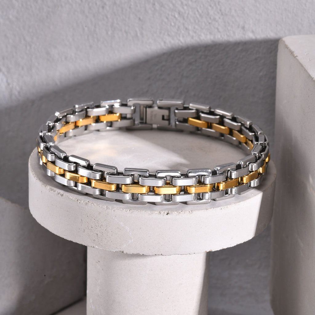 Minimalist men's wide face stainless steel strap gold bracelet 250