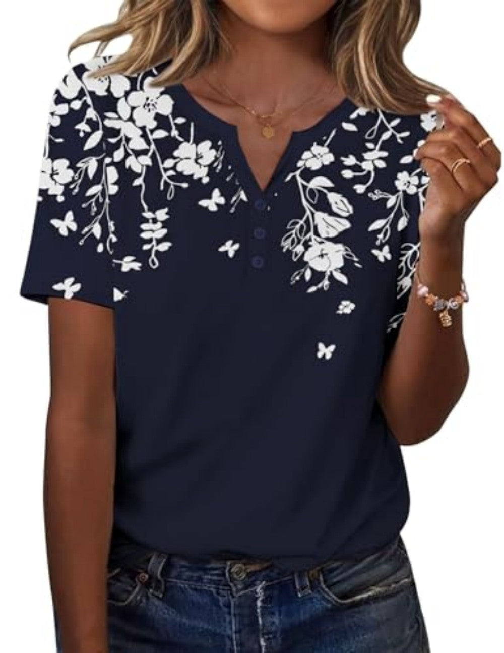 New fashionable, trendy, casual, versatile, high-quality short-sleeved button V-neck T-shirt 481