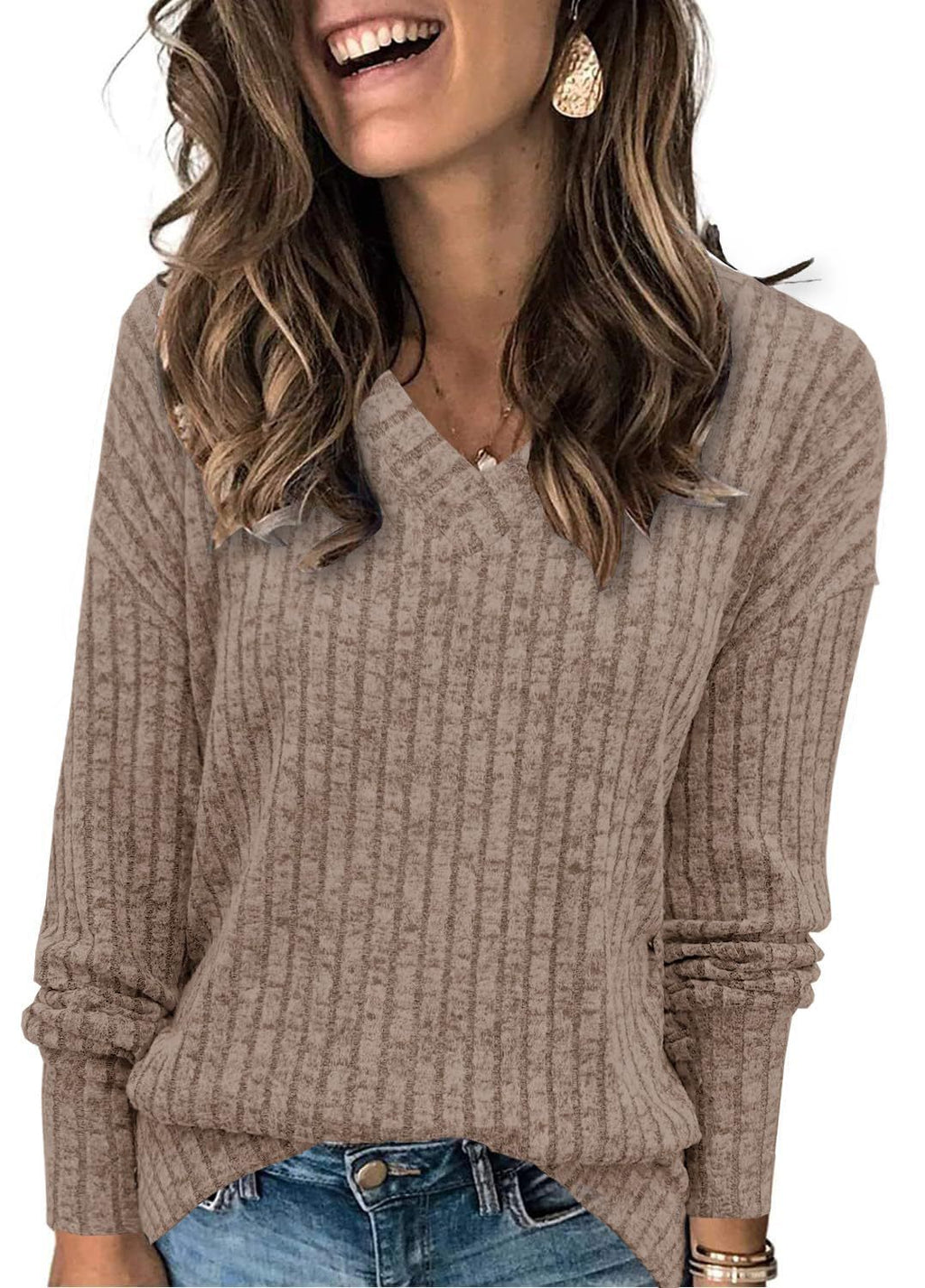Women's Long-Sleeved V-Neck Ribbed Brushed Knit Top/T-Shirt 483