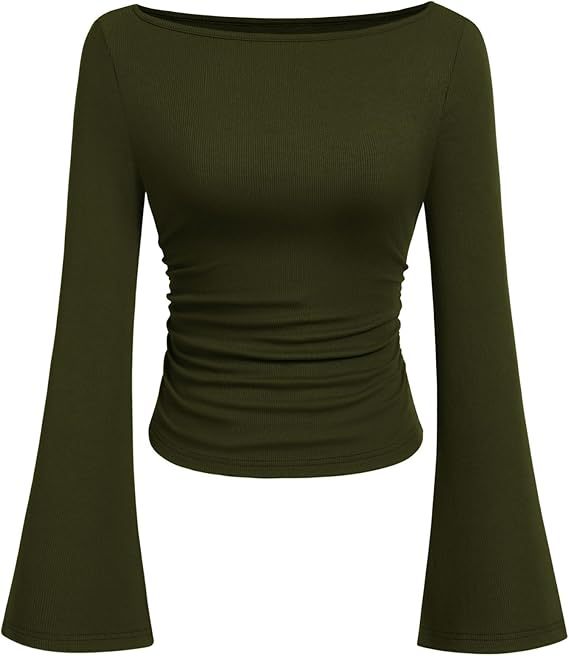 Solid color boat neck bell sleeve T-shirt for women 452