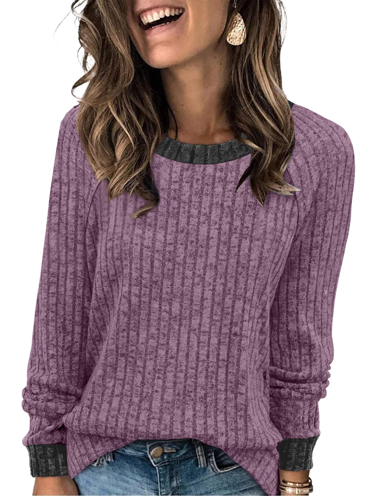 Women's ribbed brushed color-block casual round neck pullover long-sleeved top 456