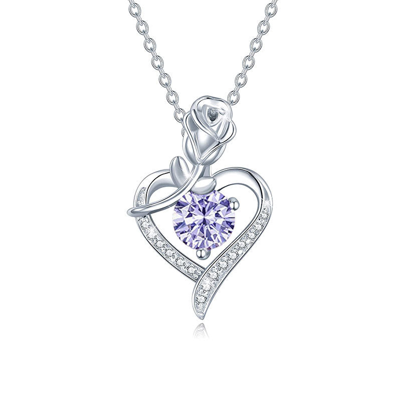 925 sterling silver heart-shaped rose pendant necklace, women's collarbone necklace, moissani diamond 270