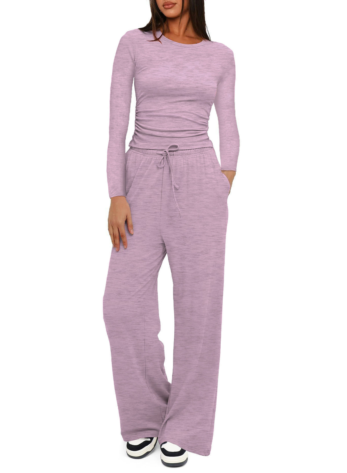 Solid color casual long-sleeved suit top and high-waisted wide-leg pants sportswear 451