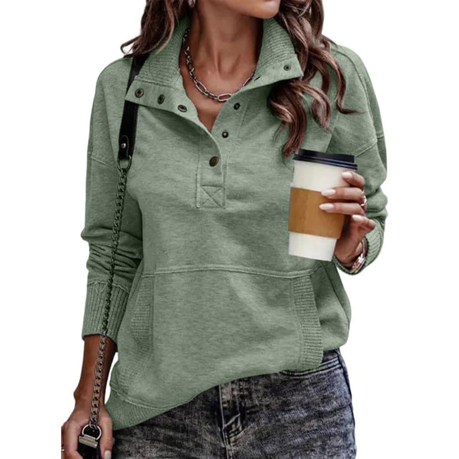 Autumn/Winter Solid Color Pocket Design Long Sleeve Button Fashion Street Style Women's Sweatshirt 477