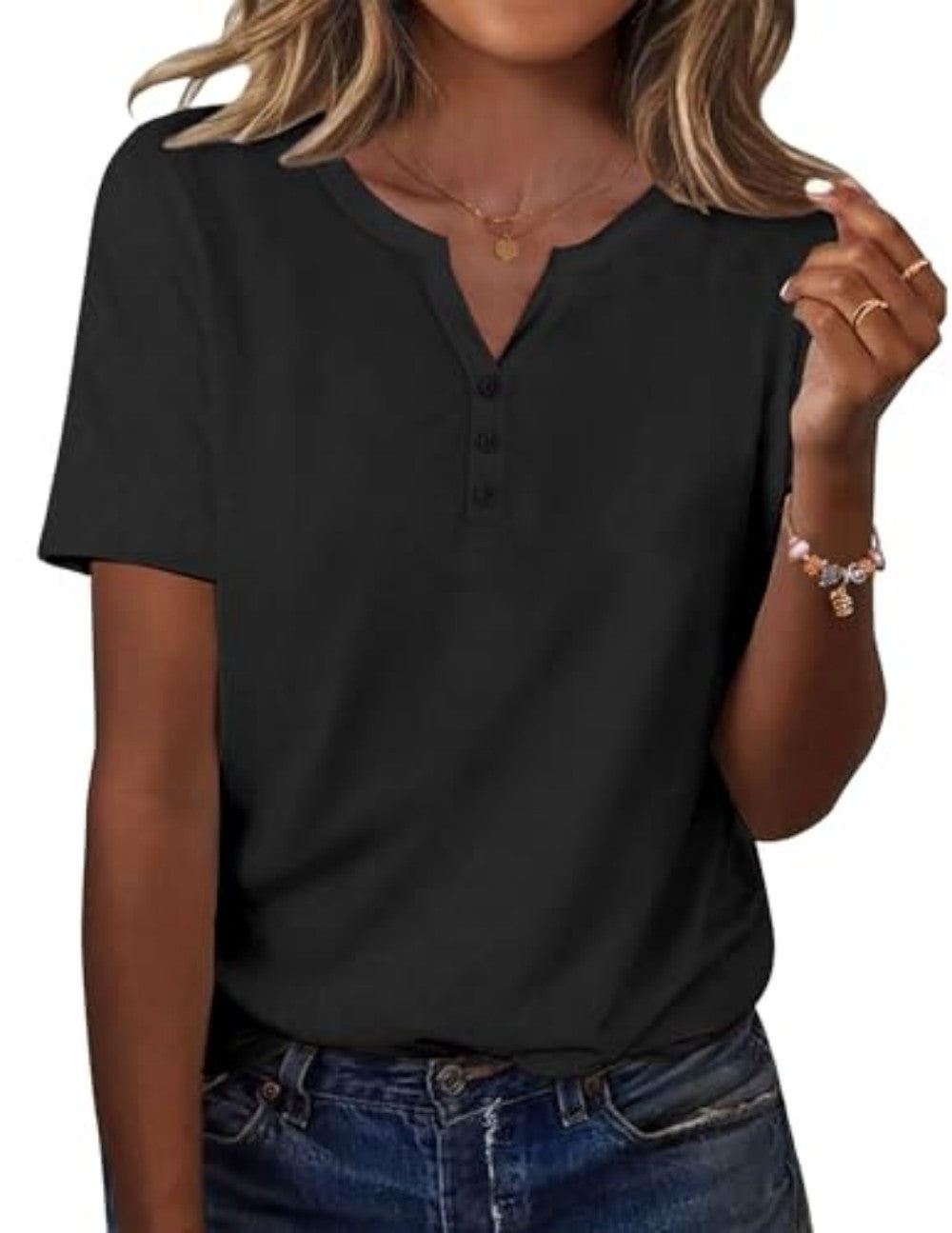 New fashionable, trendy, casual, versatile, high-quality short-sleeved button V-neck T-shirt 481