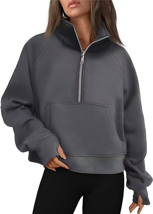 Women's Autumn/Winter Fleece Loose-fitting Jacket with Raglan Sleeves and Stand Collar Half-Zip Sweatshirt 453