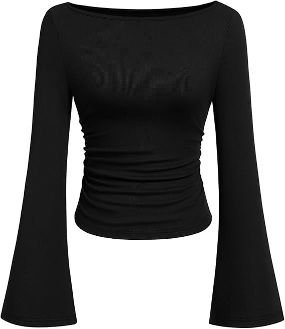 Solid color boat neck bell sleeve T-shirt for women 452