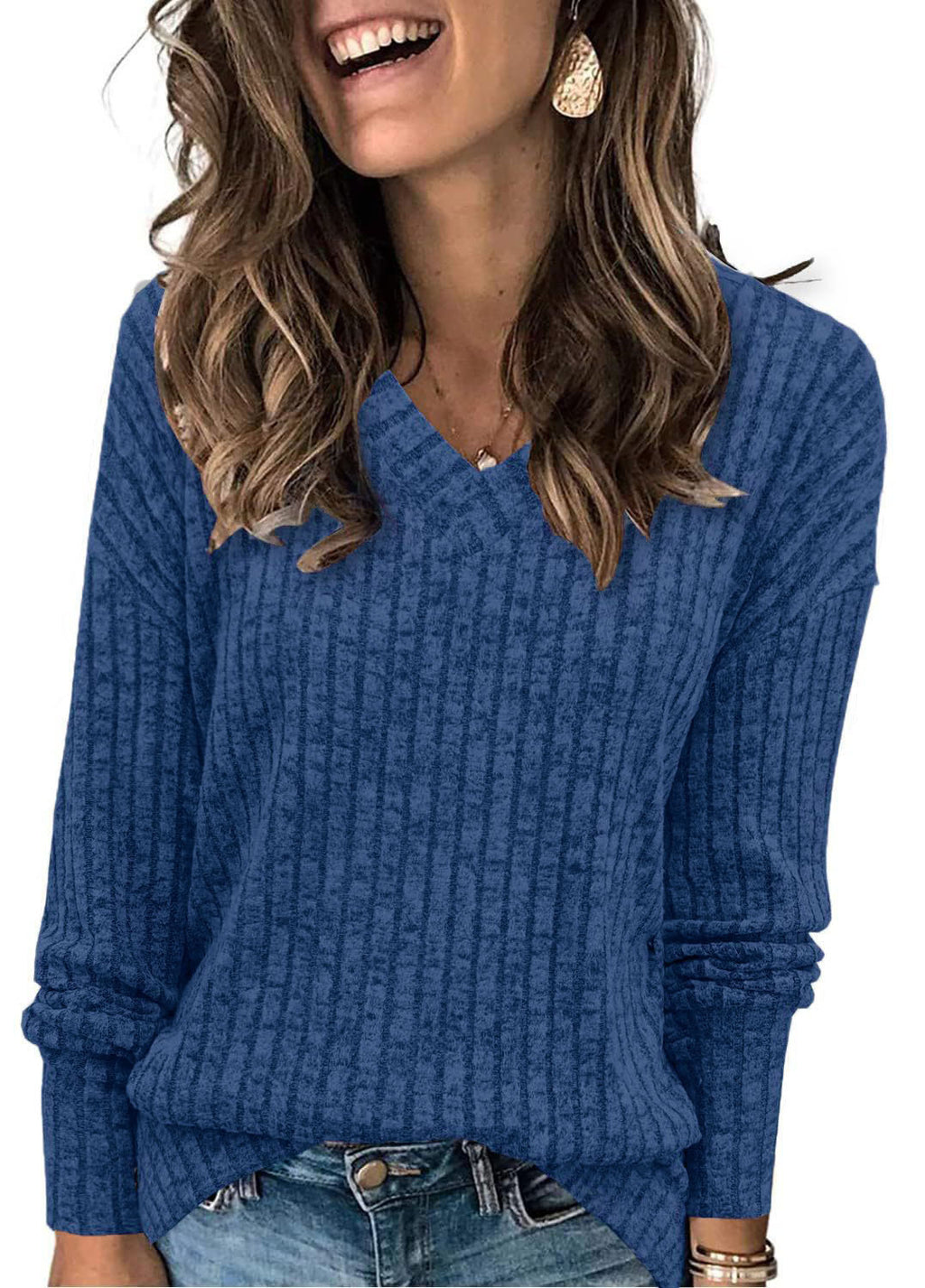 Women's Long-Sleeved V-Neck Ribbed Brushed Knit Top/T-Shirt 483