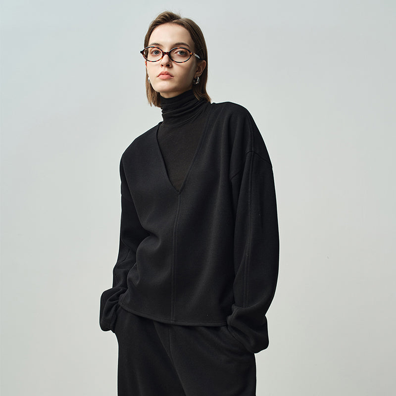 Casual luxury layering V-neck pullover loose hoodie for women 057