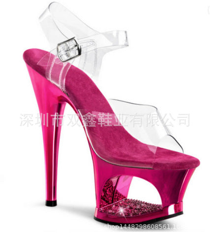 17cm hollow electroplated diamond studded walking steel pipe dance model women's shoes 112