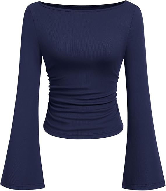 Solid color boat neck bell sleeve T-shirt for women 452