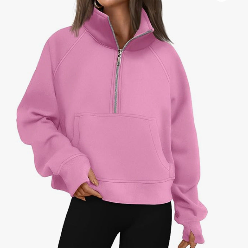Women's Autumn/Winter Fleece Loose-fitting Jacket with Raglan Sleeves and Stand Collar Half-Zip Sweatshirt 453