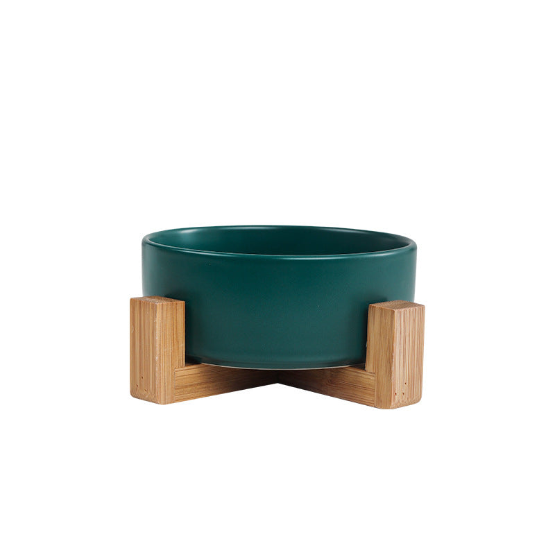 Cat bowl ceramic double bowl water bowl integrated wooden frame dog bowl dog basin 327