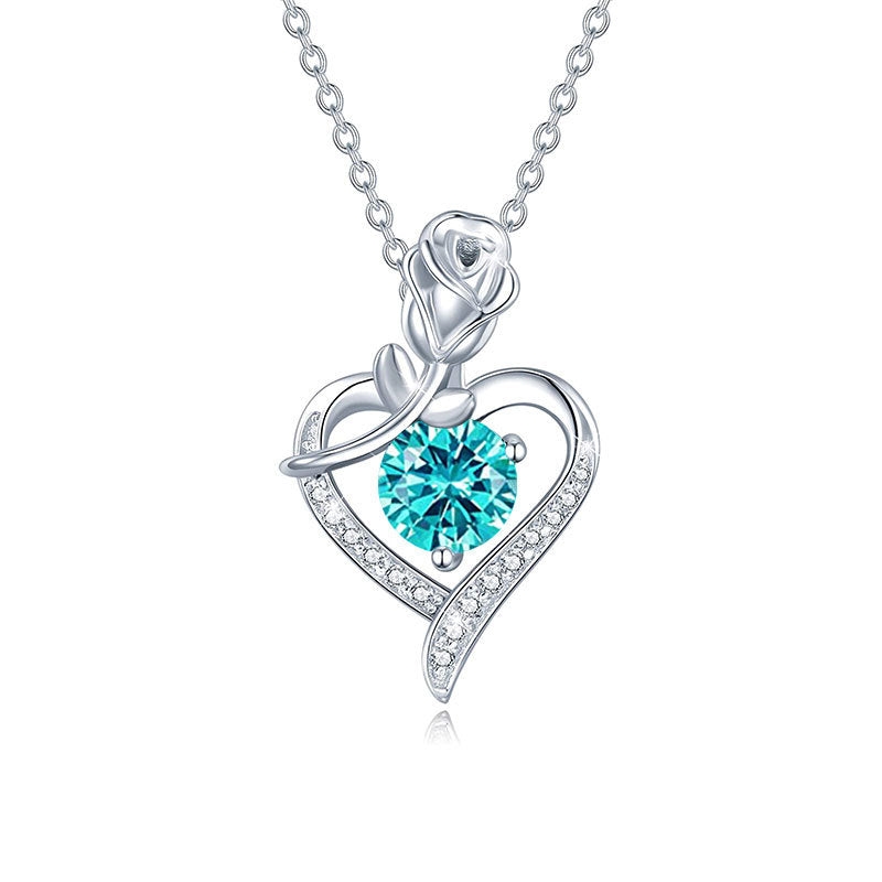 925 sterling silver heart-shaped rose pendant necklace, women's collarbone necklace, moissani diamond 270
