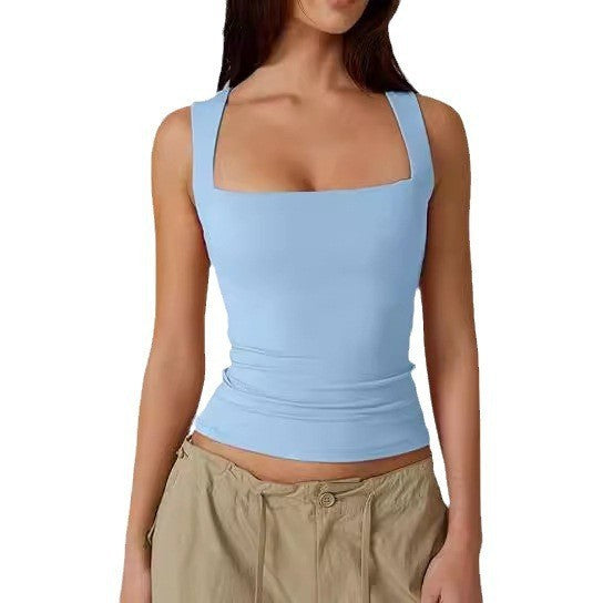 Women's Slim Fit Solid Color Vest Top with Square Neck 469