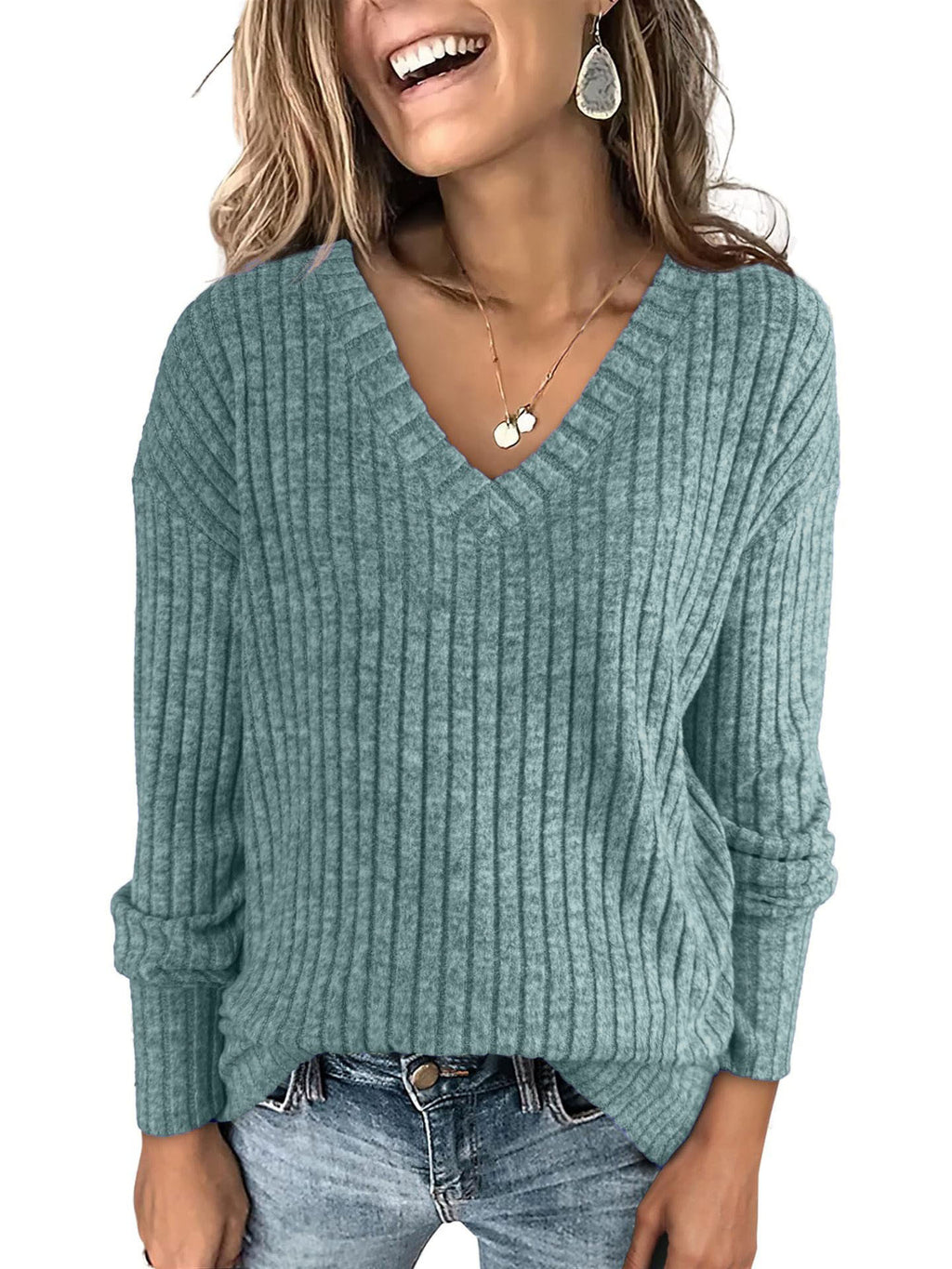 Women's Long-Sleeved V-Neck Ribbed Brushed Knit Top/T-Shirt 483