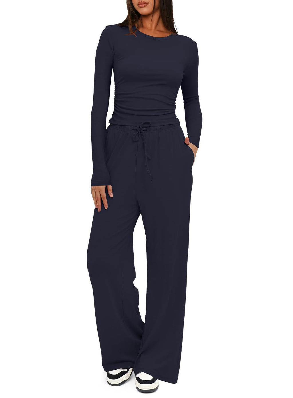 Solid color casual long-sleeved suit top and high-waisted wide-leg pants sportswear 451
