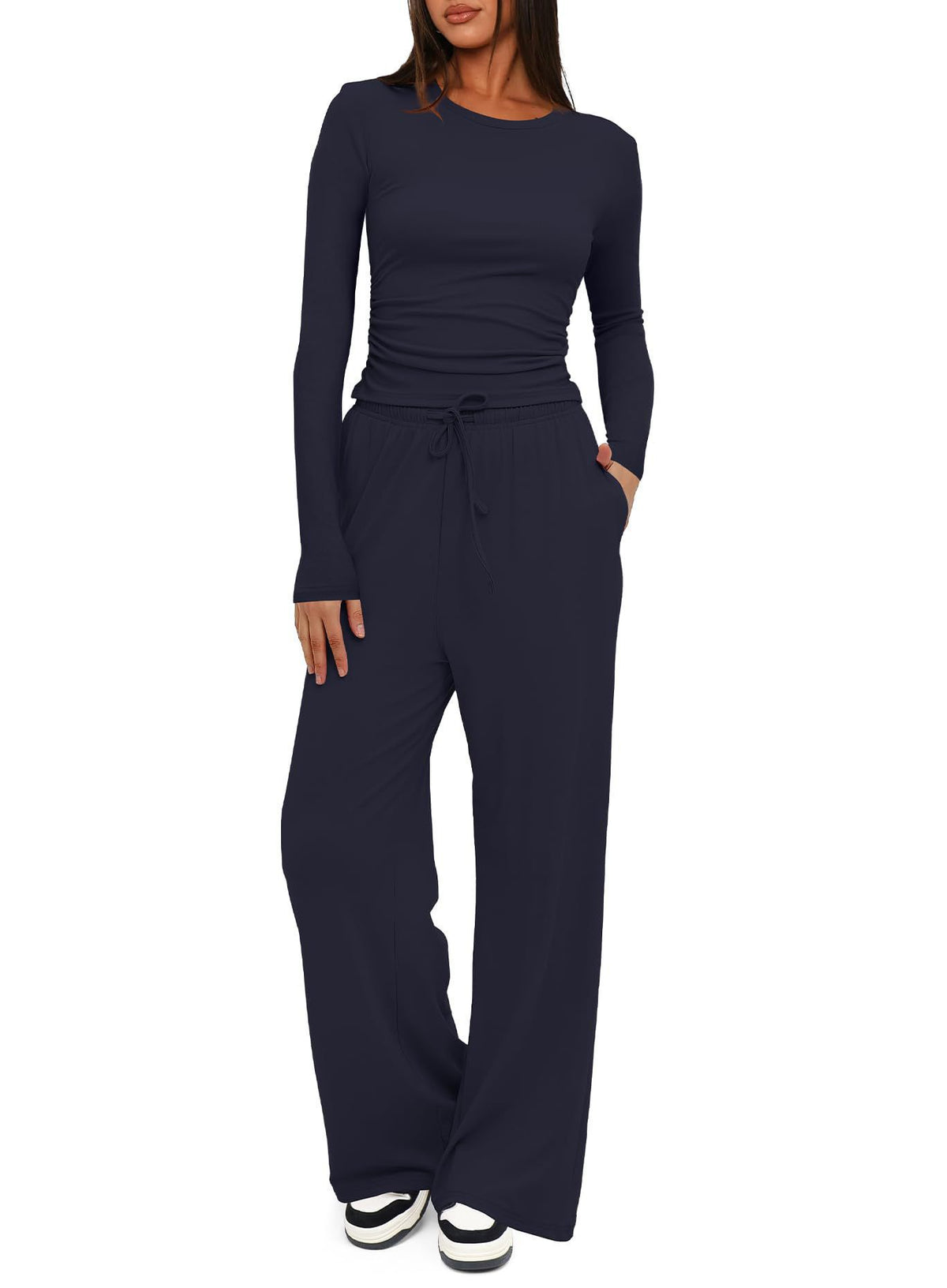 Solid color casual long-sleeved suit top and high-waisted wide-leg pants sportswear 451