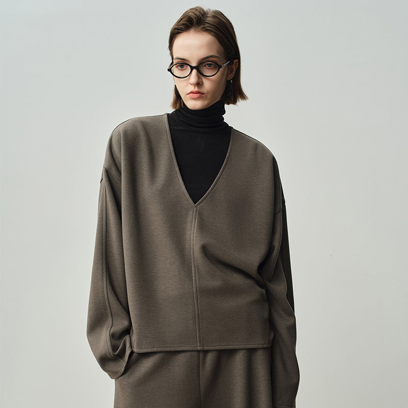 Casual luxury layering V-neck pullover loose hoodie for women 057