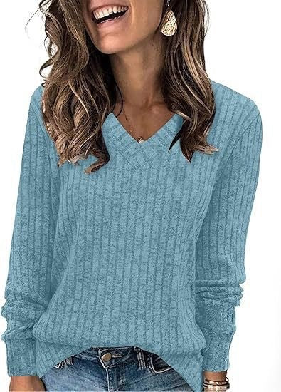 Women's Long-Sleeved V-Neck Ribbed Brushed Knit Top/T-Shirt 483