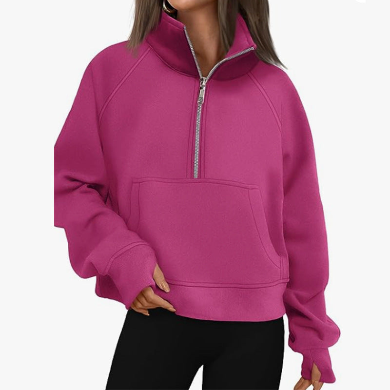 Women's Autumn/Winter Fleece Loose-fitting Jacket with Raglan Sleeves and Stand Collar Half-Zip Sweatshirt 453