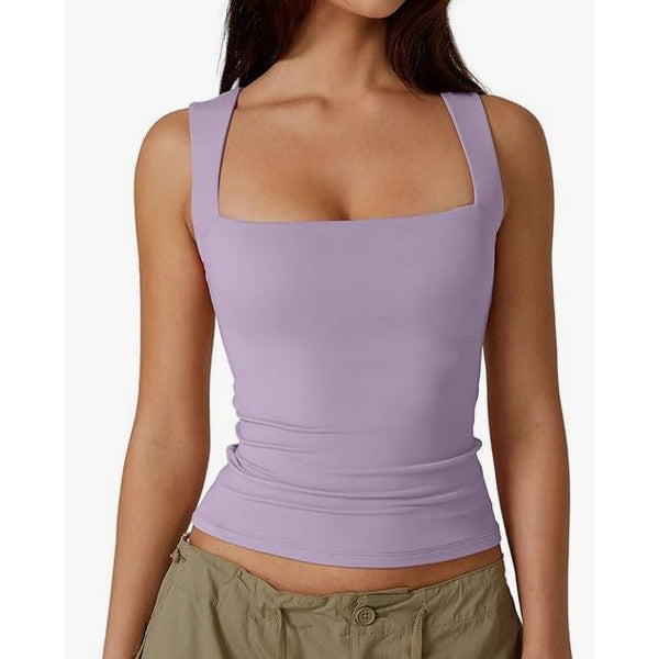 Women's Slim Fit Solid Color Vest Top with Square Neck 469