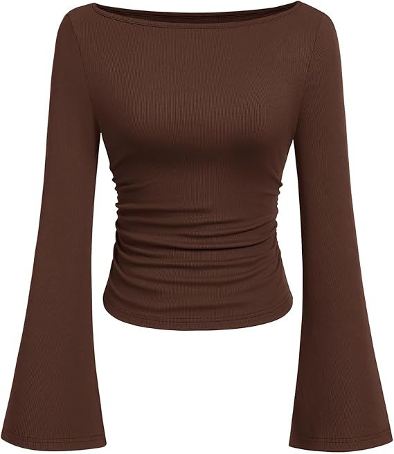 Solid color boat neck bell sleeve T-shirt for women 452