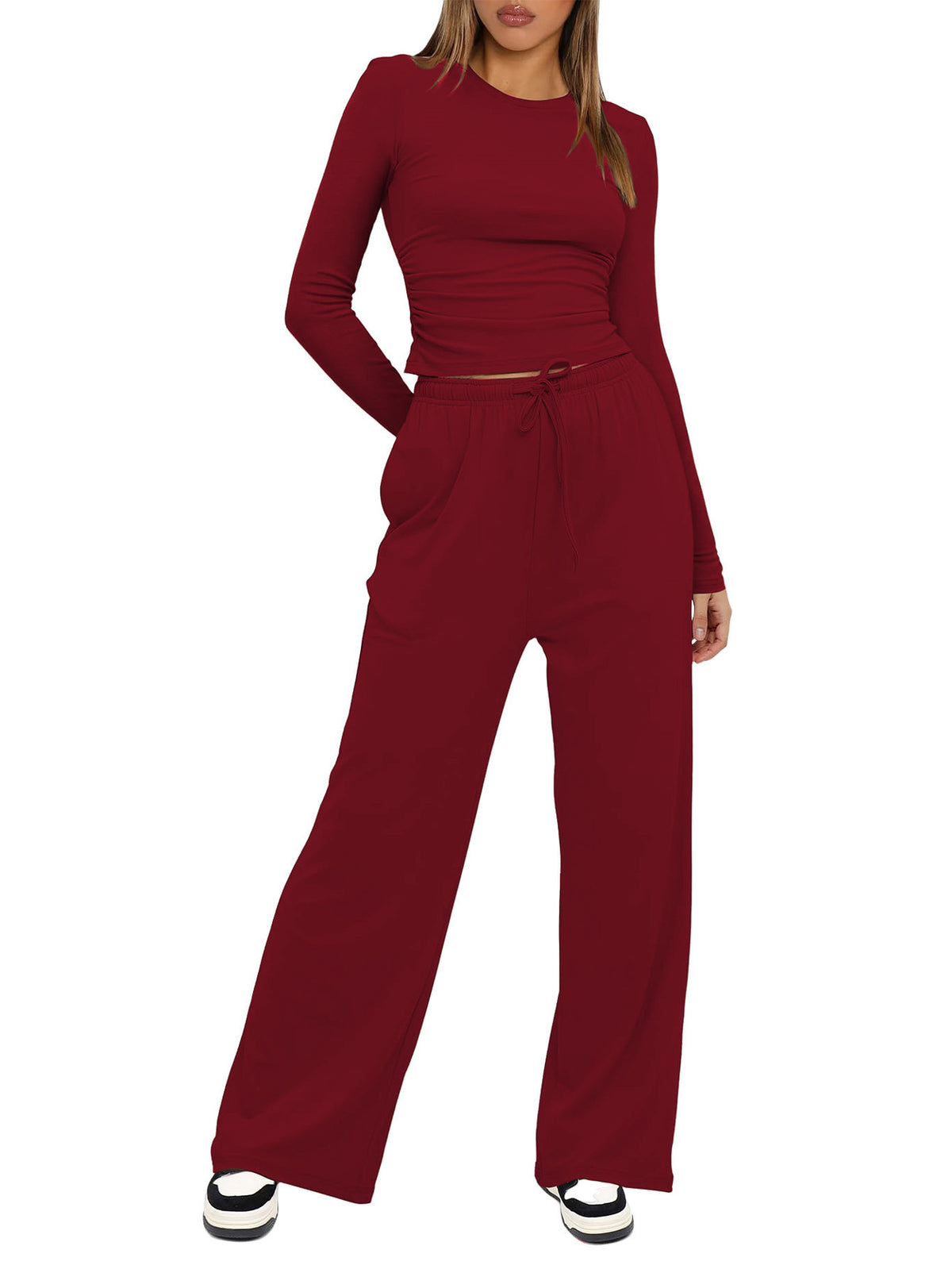 Solid color casual long-sleeved suit top and high-waisted wide-leg pants sportswear 451