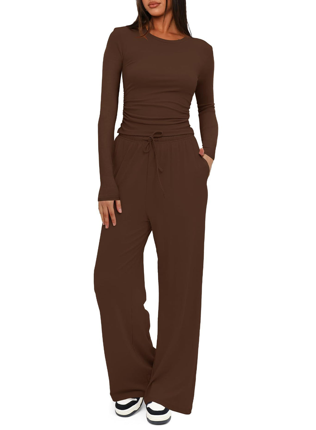 Solid color casual long-sleeved suit top and high-waisted wide-leg pants sportswear 451