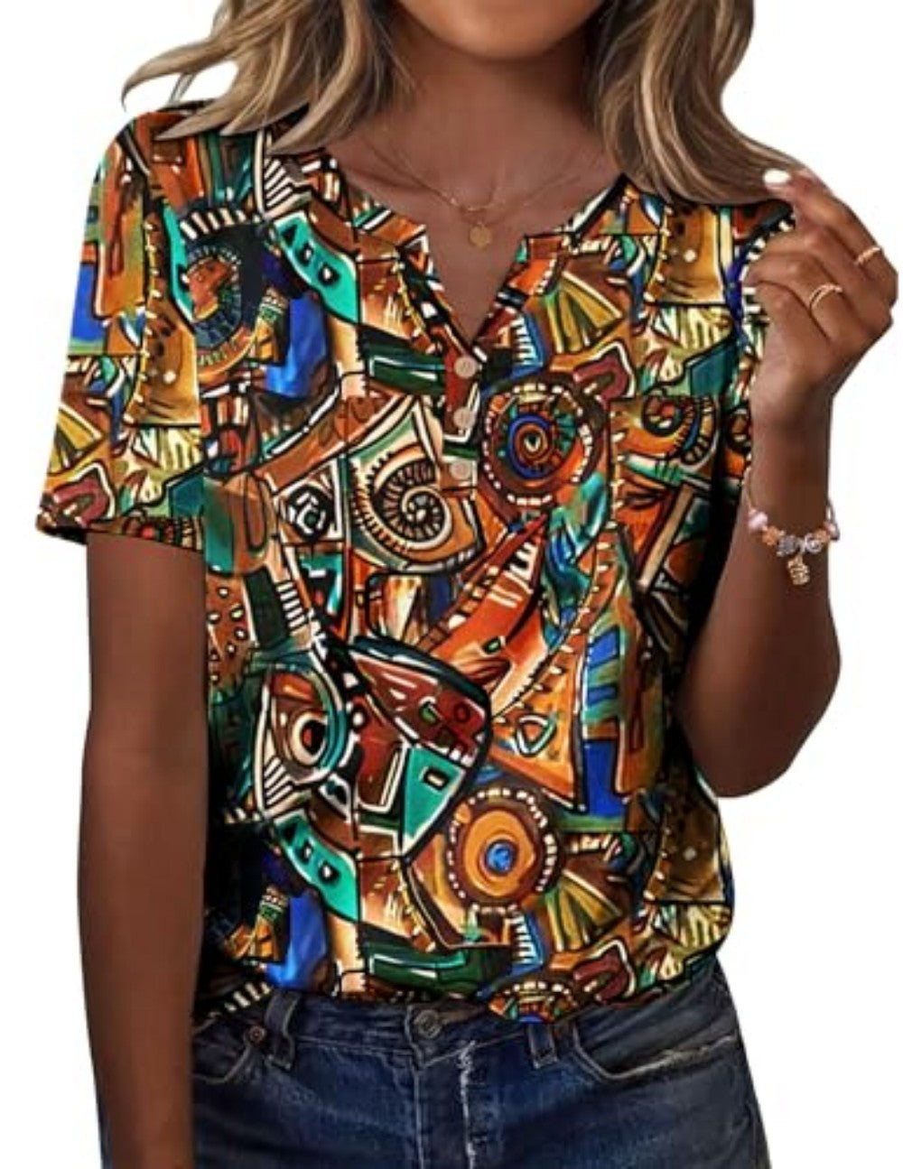 New fashionable, trendy, casual, versatile, high-quality short-sleeved button V-neck T-shirt 481