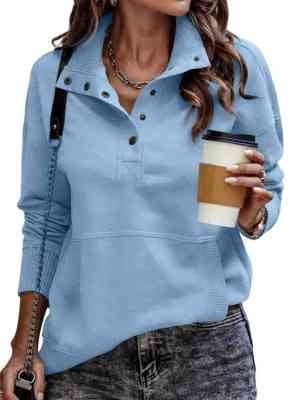 Autumn/Winter Solid Color Pocket Design Long Sleeve Button Fashion Street Style Women's Sweatshirt 477