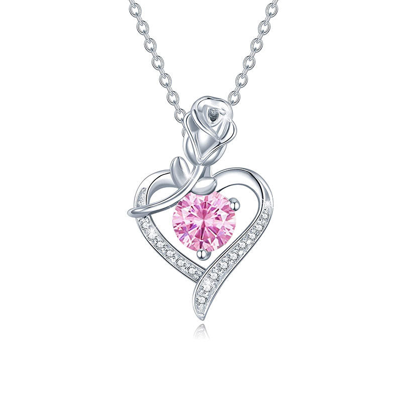 925 sterling silver heart-shaped rose pendant necklace, women's collarbone necklace, moissani diamond 270
