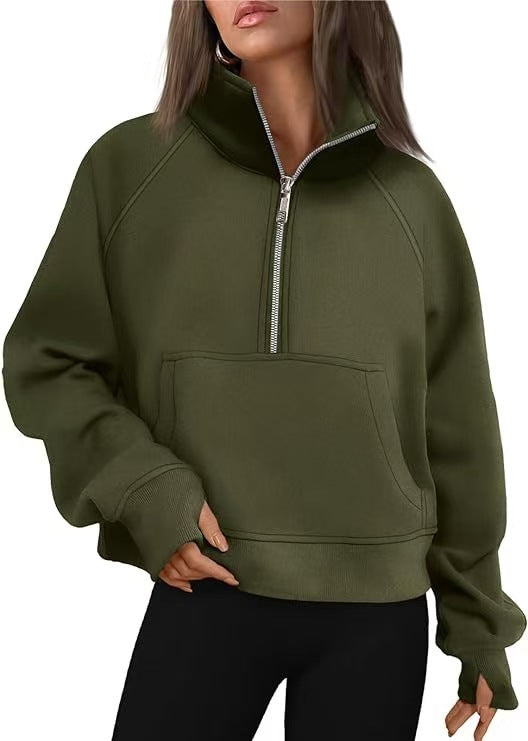 Women's Autumn/Winter Fleece Loose-fitting Jacket with Raglan Sleeves and Stand Collar Half-Zip Sweatshirt 453