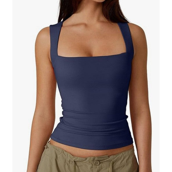 Women's Slim Fit Solid Color Vest Top with Square Neck 469