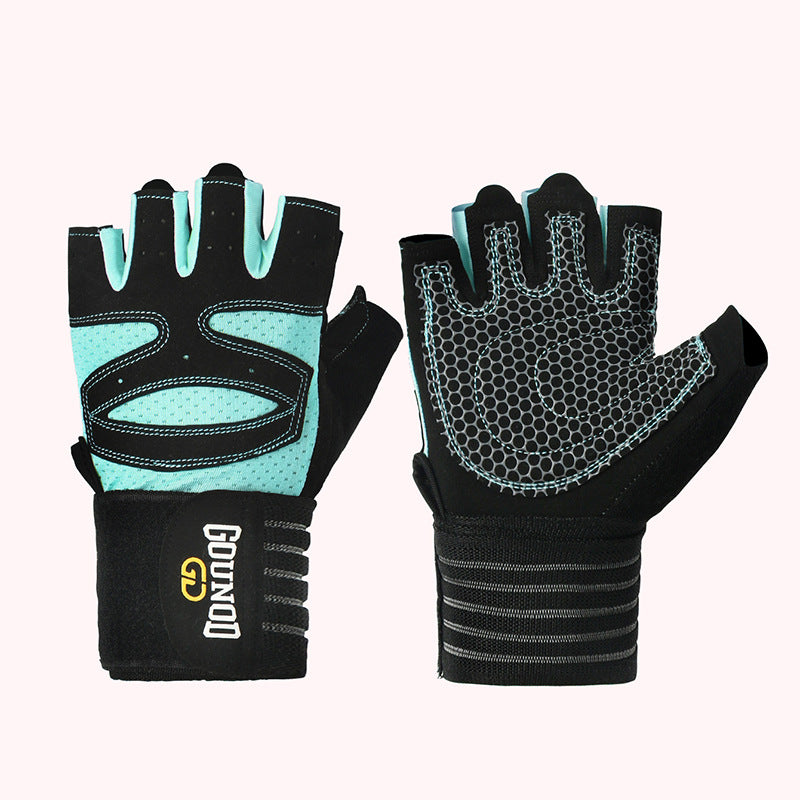 Fitness gloves with extended, breathable, and wear-resistant half finger grip 403