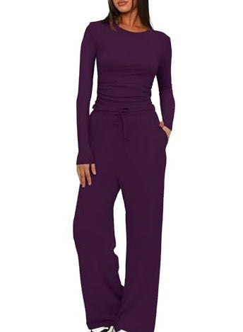 Solid color casual long-sleeved suit top and high-waisted wide-leg pants sportswear 451