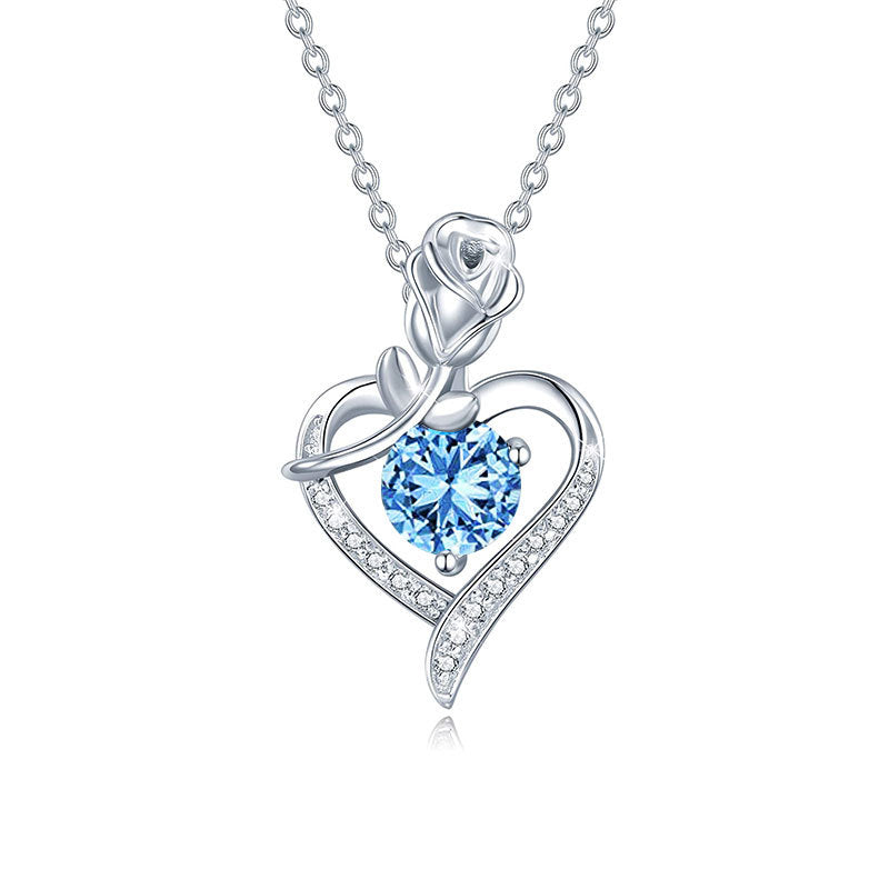 925 sterling silver heart-shaped rose pendant necklace, women's collarbone necklace, moissani diamond 270