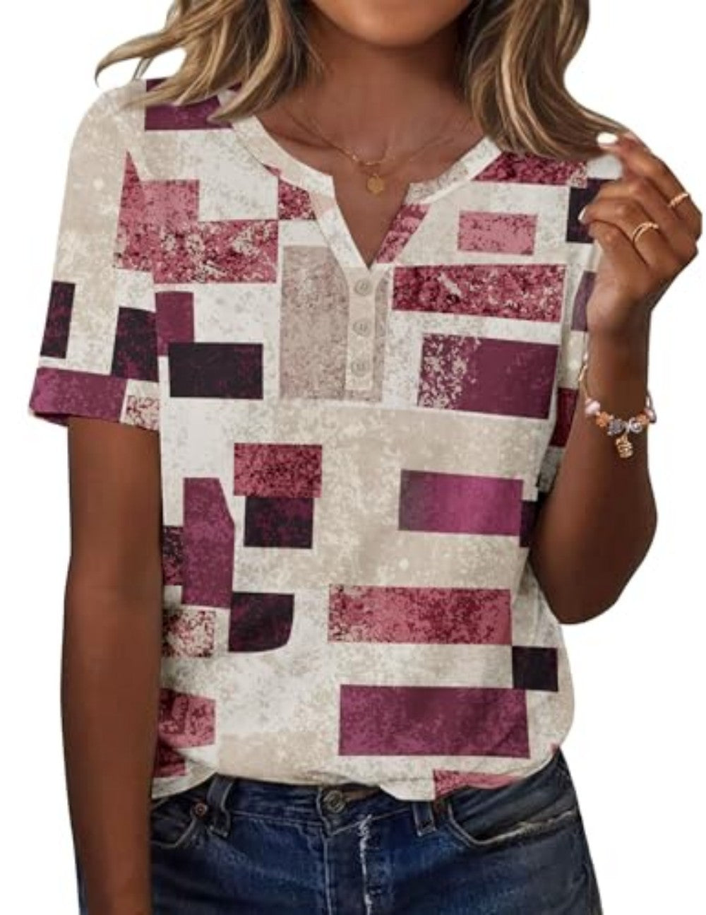 New fashionable, trendy, casual, versatile, high-quality short-sleeved button V-neck T-shirt 481